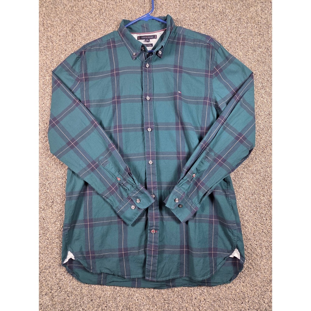 Tommy Hilfiger Button Down Mens XL Green Plaid Slim Fit Stretch Long Sleeve